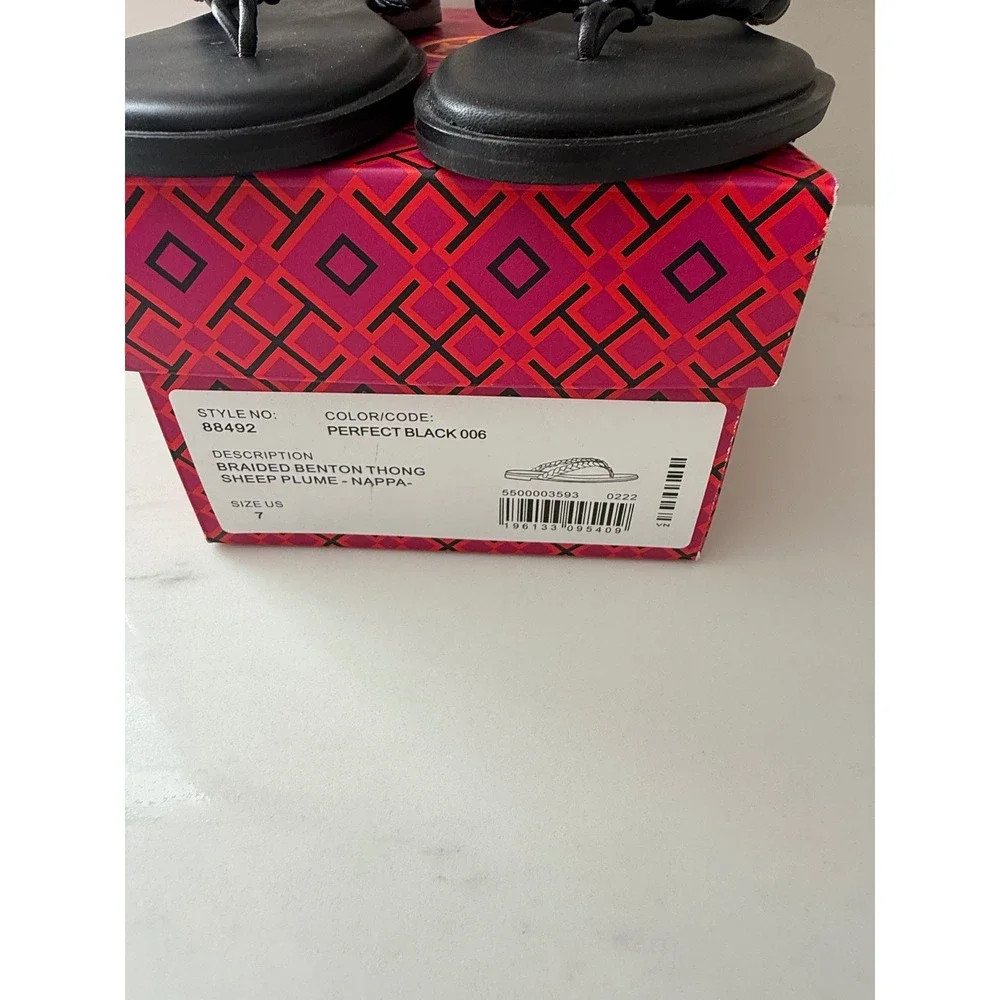 Tory Burch Braided Benton Thong Sandals Black Leather Logo Flip Flops  Size 7